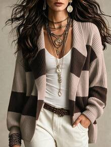 SHEIN 女款拼色休閒日常開襟衫 - 棕色 - 查看 7