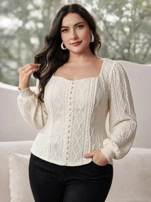 Modelyn Plus Size Sweet Elegant Button Jacquard T-Shirt - Apricot - View 6