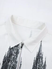 Manfinity Roghcode 男士美式復古歐式教堂建築印花全印翻領拉鍊外套，華夫格紋短版外衣，深色高街小眾寬鬆休閒工裝夾克上衣 - 黑與白 - 查看 3