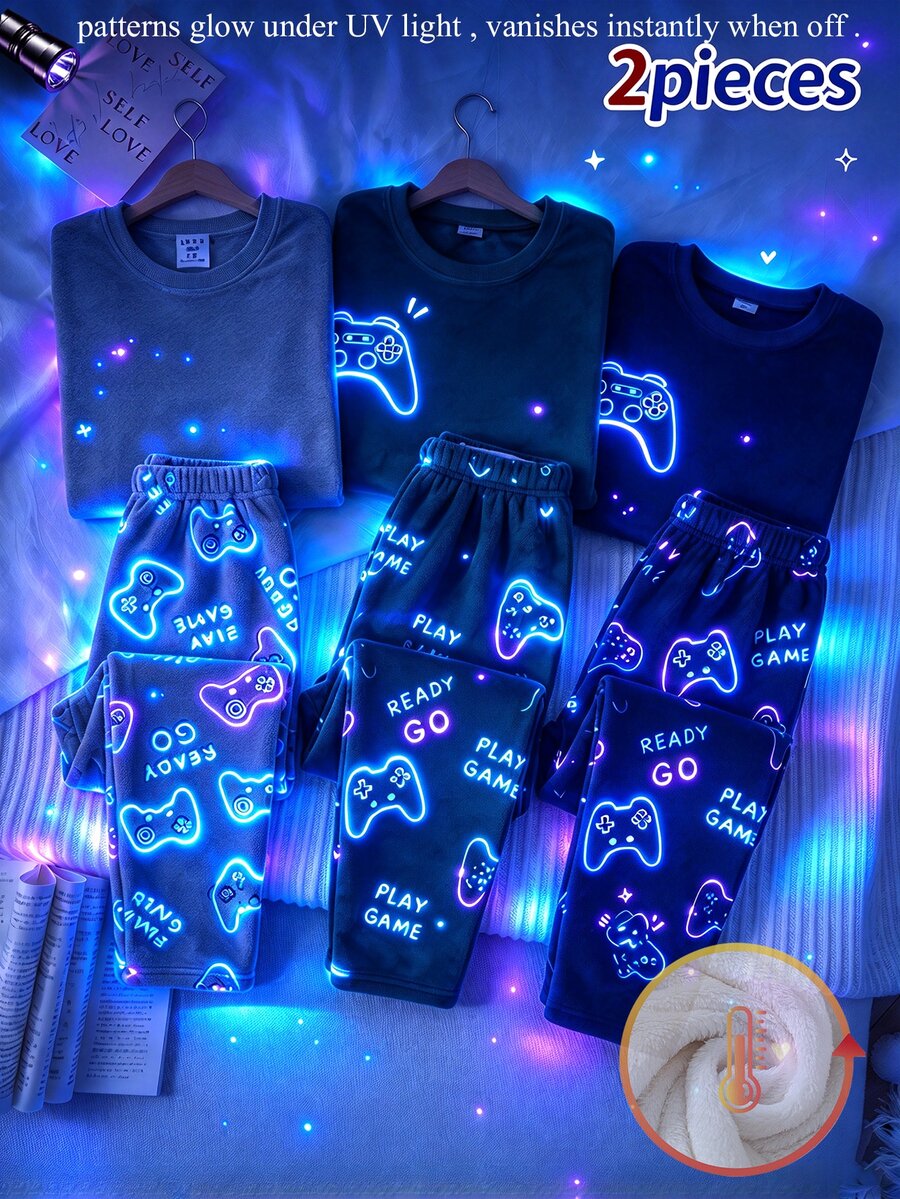 2pcs/Set Boys Fashion New Solid Color Crew Neck Long Sleeve Top With Game Pattern Element Full Print UV Shines Glowing Long Pants Double-Sided Flannel Fuzzy Pattern Print Loungewear Pajamas - Multicolor - View 1