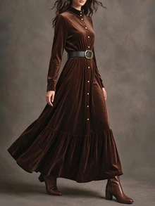 Balvessa Women's Elegance Brown Velvet Lapel Button-Stitched Pleated Maxi Dress Fall/Winter Many Occasions - Brown - View 5