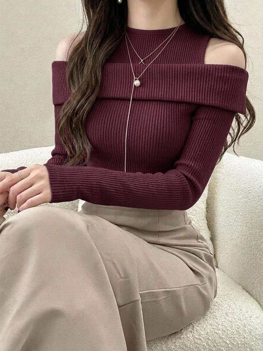DAZY 女款純色 2 合 1 露肩修身時尚 T 恤,黑色,春秋長袖女上衣,秋季女裝 - 酒紅色 - 查看 1