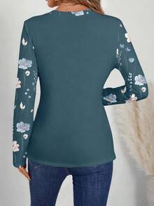 EMERY ROSE Women's Patchwork Floral Print V-Neck Long Sleeve Casual T-Shirt - Multicolor - View 2