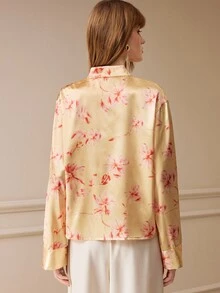 Arave Thickened Satin Stand Collar Frog Button Chinese Style Tie Dye Print Wide Sleeve Fashion Long Sleeve Shirt - Multicolor - View 3