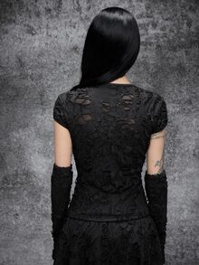 Cryptelle Women's Texture Distressed Knit T-Shirt Cut Out Tops Autumn/Winter Black Gothic Halloween Outfit Party Night - Black - View 2