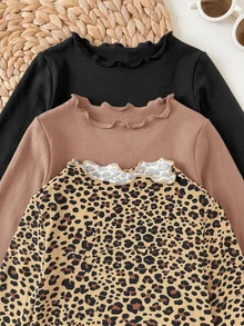 SHEIN 3件組女嬰純色與豹紋長袖休閒上衣 - 彩色 - 查看 5