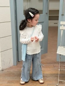 DAZY Infant (Girl) Ruffle Trim Patchwork Long Sleeve Korean Style Solid Color Top - White - View 10
