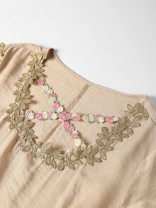 Linhara CURVE Elegant Plus Size Women's Gold Thread Embroidered Lace Patchwork Loose Flare Sleeve Party Date Holiday Dress - Champagne - View 3