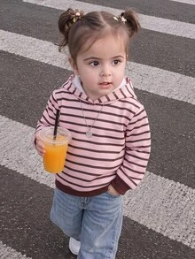 SHEIN Baby Girl 1pc Contrast Striped Print Hooded Sweatshirt - Multicolor - View 2