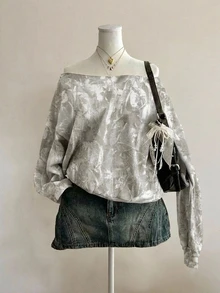 SHEIN CURVE+ 女款休閒復古露肩寬鬆衛衣，秋冬款，樹枝印花 - 彩色 - 查看 6