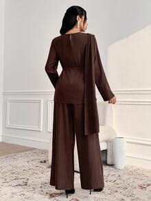 Veilorie Women's Solid Color Ribbon Design Long Sleeve Blouse And Wide Leg Pants Elegant Two Pieces Set - Coffee Brown - View 2
