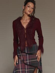 MUSERA Áo cardigan cổ thấp viền lông xù màu đỏ cho mùa thu đông, đi chơi, hẹn hò, Giáng sinh và ngày lễ - Màu Đỏ Sâu - Xem 2
