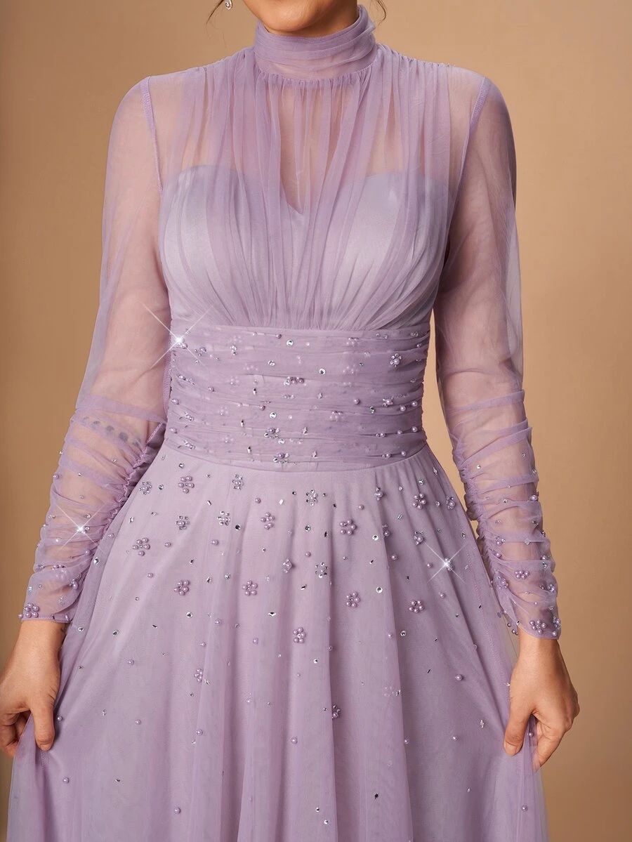 Serin Elegant Dusty Purple Tulle Sheer Rhinestone High Neck Cut Out Ruched Draped Long Sleeve A Line Autumn Wedding Guest Mother Of The Bride Evening Gown