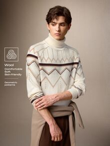 Calmiston Men's Autumn/Winter Wavy Striped Raglan Long Sleeve Turtleneck Sweater - Multicolor - View 1