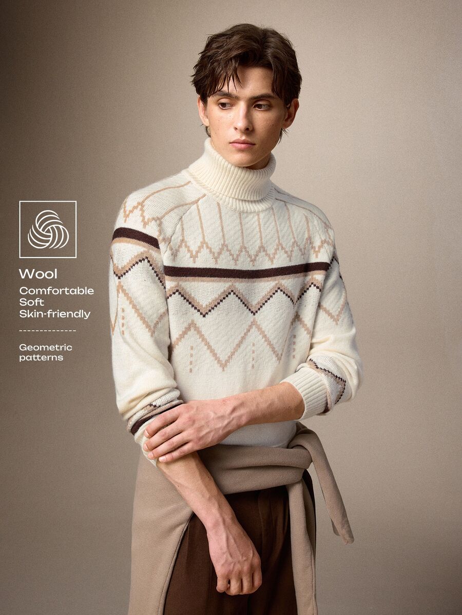 Calmiston Men's Autumn/Winter Wavy Striped Raglan Long Sleeve Turtleneck Sweater - Multicolor - View 1