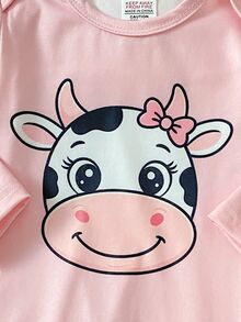 SHEIN Playful Pals 3件組隨機發貨 1件 春夏秋冬新生兒嬰兒連身衣，可愛奶牛印花，甜美粉色女嬰長袖包腳連身衣居家穿著 - 粉色 - 查看 5