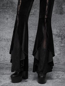 Cryptelle Women's High Waist Lace Patchwork Sexy Flare Leg Pants, Gothic Style Halloween Outfit, Autumn/Winter - Black - View 6