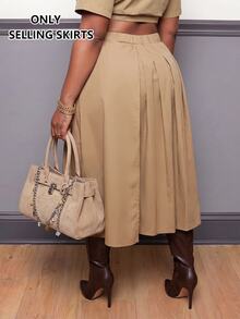 SHEIN CURVE+ Plus Size Autumn/Winter Bodycon Asymmetrical Pleated Skirt - Khaki - View 2
