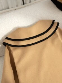 SHEIN Elladie kids 女童羊毛外套，時尚飾邊設計，3D蝴蝶結配珍珠鈕扣，適合日常穿搭的復古優雅可愛造型 - 卡其色 - 查看 4