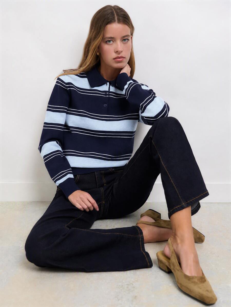 Nöista Knitted Casual Polo Collar Striped Shirt - Blue - View 1