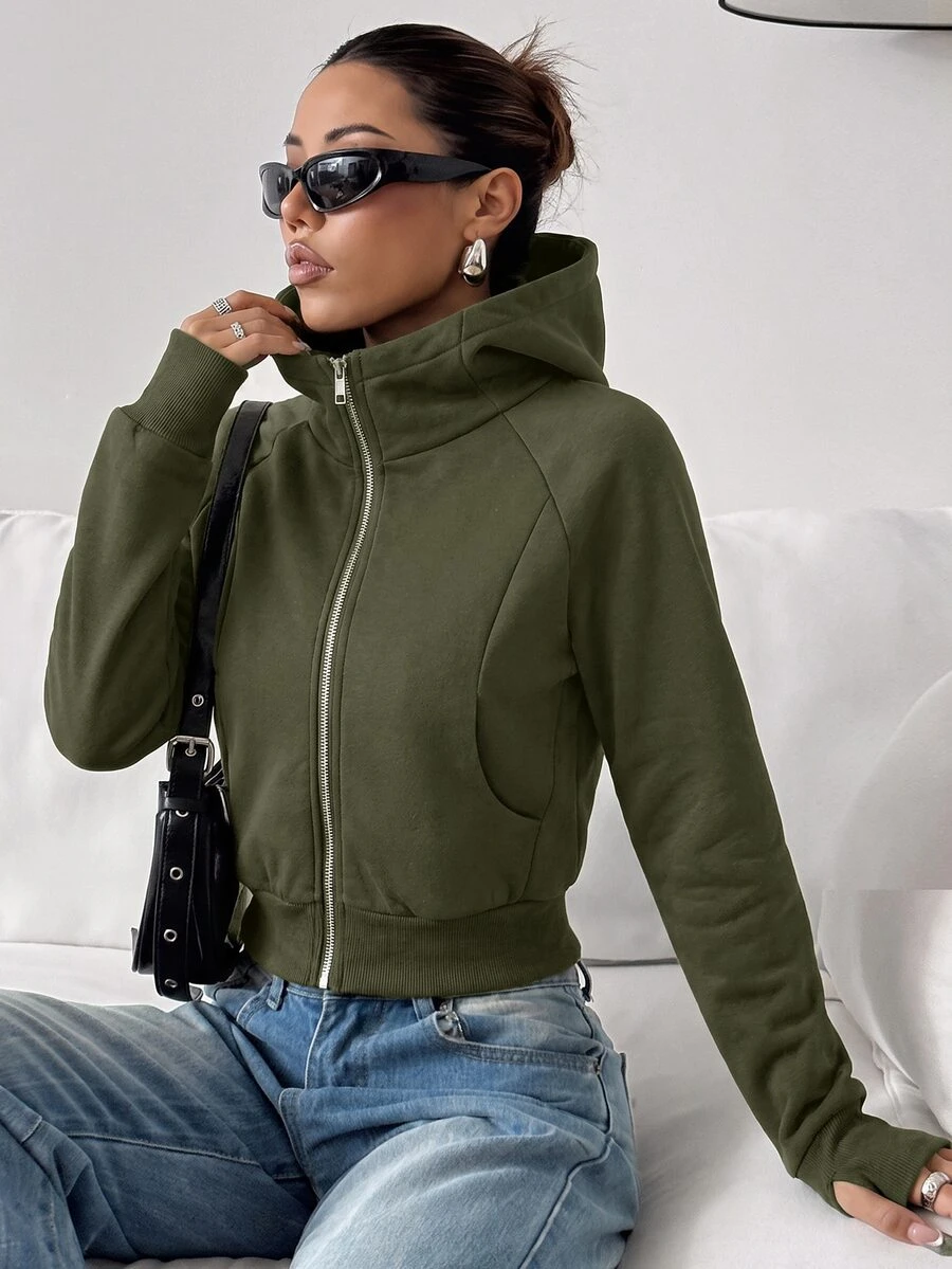 SHEIN EZwear 女款純色極簡運動休閒寬鬆連帽衛衣，適合畢業、機場、返校穿搭，教師秋季灰色 - 軍綠色 - 查看 1