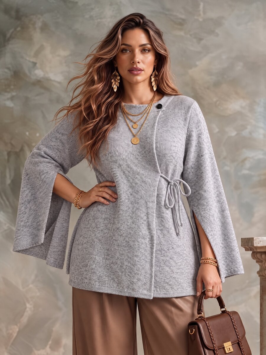 Ceyna Plus Size Minimalist Button Tie Knit Sweater - Grey - View 1