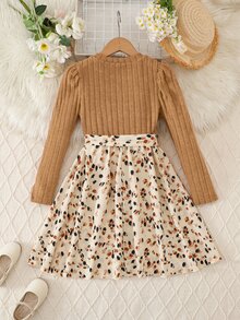 SHEIN Vintaside Kids 少女時尚圓領長袖拼接印花拼色洋裝，秋季洋裝，優雅、派對、日常、休閒、舒適 - 杏色 - 查看 2