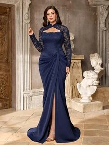 Elitara Plus Size Elegant Glamorous Luxury Sexy Lace Patchwork Satin Stand Collar Sheer Long Sleeve Ruched Slit Back Tie Mermaid Dress Suitable For Wedding Events Bachelor Party Vacation Ball Evening Gala - Navy Blue - View 5