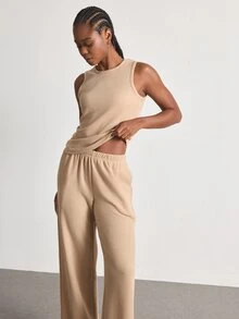 Ocili Minimalist Comfortable Casual Easy-To-Care-For Tank Top & Long Pants Pajama Set, Soft Women's Loungewear Set - Khaki - View 6