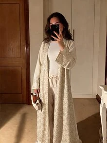 Yasmyna Elegant Luxurious Heavy Embroidery Long Robe With V-Neck Front Tie And Patchwork Cuffs Women's Arabic Abaya - Apricot - View 9