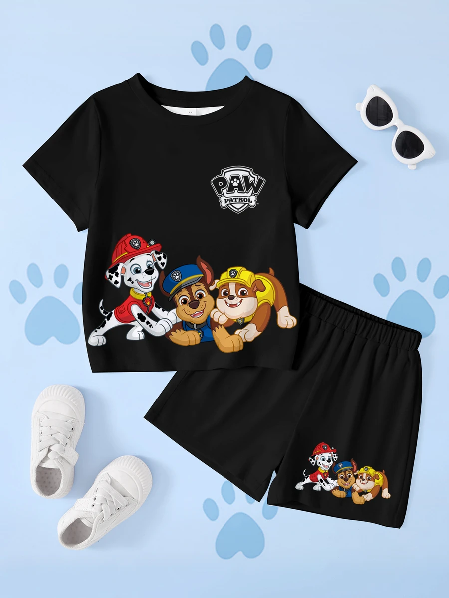 SHEIN | PAW Patrol 小男孩卡通印花圓領短袖T恤與短褲休閒套裝 - 白色 - 查看 1