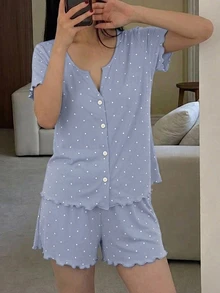 Livesso 2件組波點圖案短袖短版開襟衫與短褲睡衣套裝，夏季女款居家睡衣 - 藍色 - 查看 3