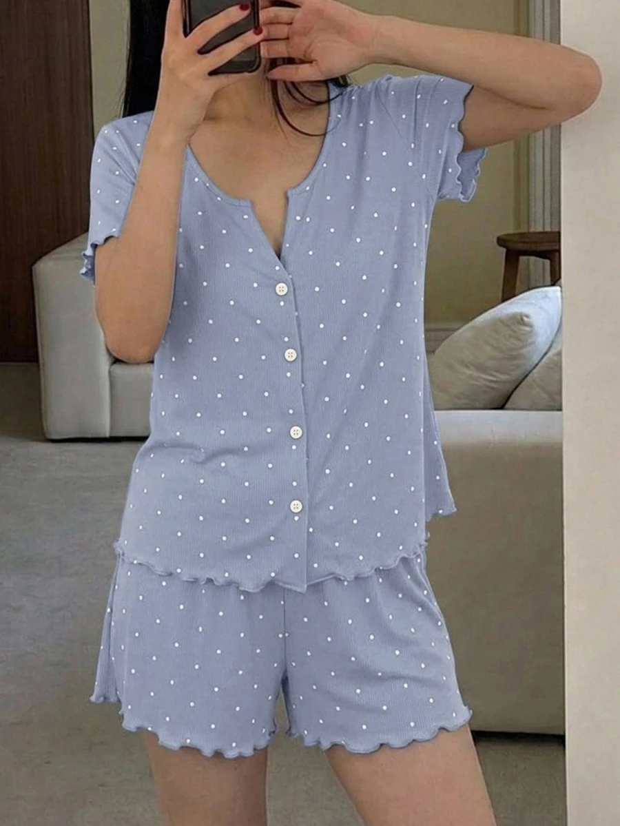 Livesso 2pcs Polka Dot Pattern Short Sleeve Short Cardigan & Shorts Pajama Set, Summer Wear Women's Sleepwear - Blue - View 1