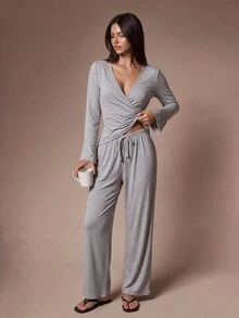 Lazeform Women's Casual Home Loungewear Set With Open Front Tie V-Neck Long Sleeve Top And Long Pants - Grey - View 6