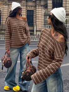 Coolane 女款寬鬆休閒棕色雪花條紋不對稱肩 T-shirt，適合春秋穿著 - 彩色 - 查看 2