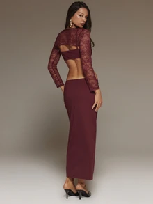 MUSERA Red Cut Out Maxi Dress With Lace Bolero Autumn Winter Going Out Dating Christmas Holidays - Burgundy - View 5
