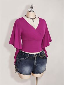 SHEIN ICON 女款大尺碼黑色夏季哥德風性感夜店約會派對 T-shirt，復古優雅 V 領荷葉袖修身 Y2K 風格 - 紫羅蘭色 - 查看 7