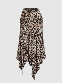 Sweetra Rok Duyung Bodycon Bermotif Leopard Ukuran Plus Wanita Eropa, Model Hem Asimetris, Musim Gugur - Coklat - View 3