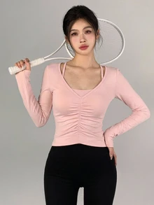 DAZY Women's Solid Color Pleated Casual Daily Travel Sports T-Shirt - Pink - View 3
