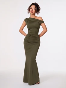 SHEIN PETITE 優雅女款酒紅色斜肩不對稱超長魚尾洋裝，秋季用餐宴會與派對穿搭，夜店畢業季夏季洋裝 - 綠色 - 查看 6