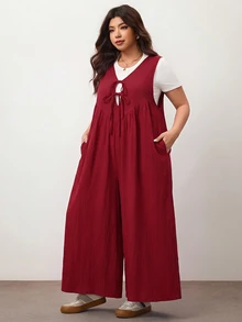 Enliva 大尺碼女款寬腿連身褲，前綁帶設計附口袋，寬鬆版型，適合蘋果型圓潤身型/2026/新年 - 酒紅色 - 查看 3