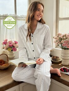 Snug Reverie Minimalist Striped Lapel 100% Cotton Long Sleeve Pajama Set For Women, Comfortable Loungewear For Autumn - White - View 7