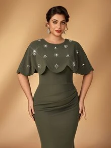 Serin Plus Size Elegant Romantic Minimalist Dark Green Round Cape 2 In 1 Computer Beaded Rhinestone Pleated Fitted Mermaid Wedding Event Ball Vacation Bridal Mother Evening Gown - Green - View 2