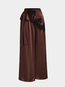 SHEIN Sweetro Celana Panjang Wanita Ukuran Besar Kasual Elegan Gaya Prancis Tenun Cokelat untuk Perjalanan Musim Gugur - Coklat - View 3