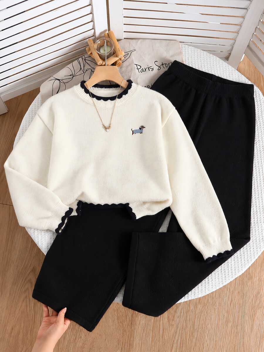SHEIN 青少年女孩拼色長袖毛衣與長褲套裝 - 黑與白 - 查看 1
