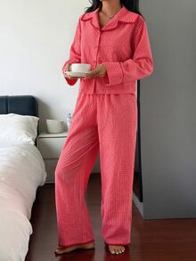 DAZY Women's Plaid Long Sleeve Single-Breasted Top And Pants Pajama Set - Pink - View 5