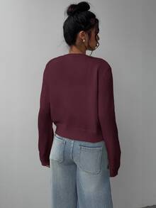 SHEIN Tall CURVE 大尺碼休閒柔軟修身常規版純色圓領長袖寬鬆短版女款軟黃色針織開襟衫 秋冬春季辦公通勤 - 乾枯玫瑰色 - 查看 2