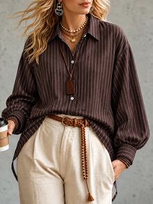 Ceyna Plus Striped Print Drop Shoulder Oversize Lantern Sleeve Shirt - Coffee Brown - View 6