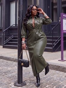 Slaydiva فستان قميص من الجلد الصناعي مقاس كبير بطول متوسط، بياقة طية وأزرار أمامية وحزام، فستان ضيق الجسم - بني - أخضر - مشاهدة 5