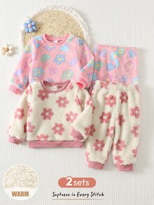 Cozy Pixies 女嬰 4件組可愛舒適百搭花卉圖案毛絨布料長袖上衣與長褲家居服套裝 - 彩色 - 查看 3